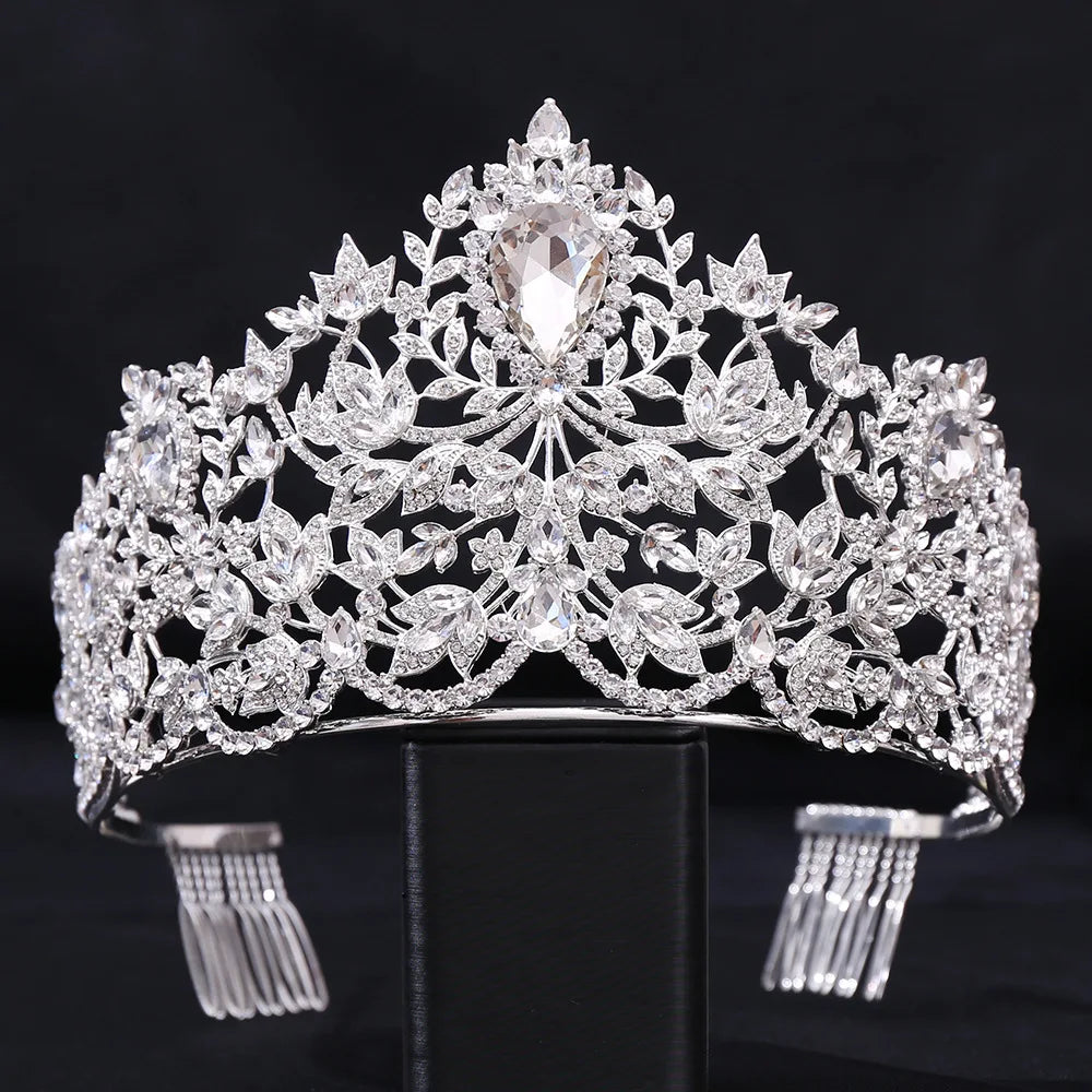 Baroque European Big Luxury Crystal Bride Wedding Crown Large Rhinestone Drop Queen Tiara Party Show Hair Jewelry Accessory Gift - EUFASHIONBAGS