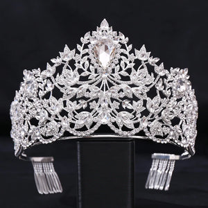 Baroque European Big Luxury Crystal Bride Wedding Crown Large Rhinestone Drop Queen Tiara Party Show Hair Jewelry Accessory Gift