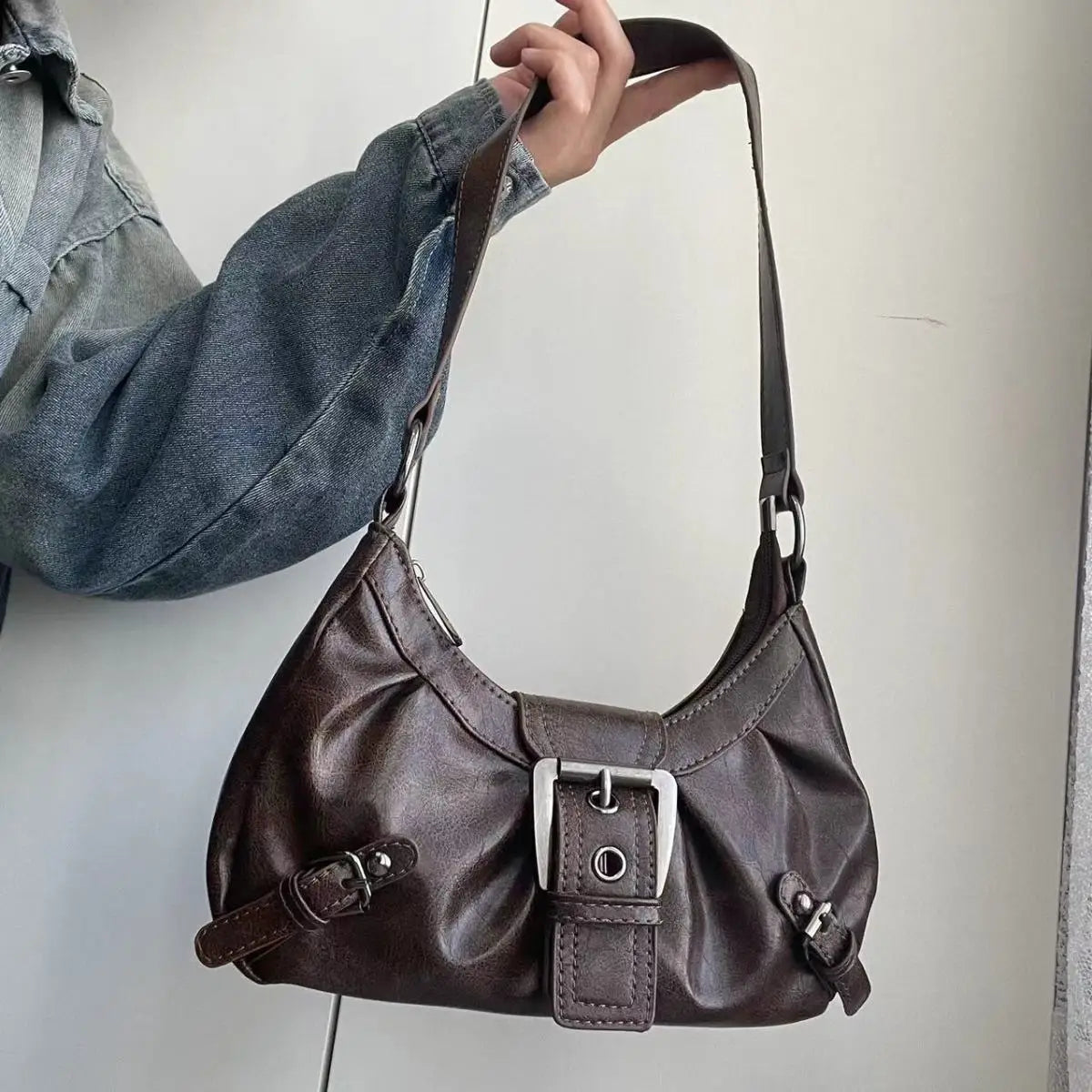 Vintage Brown Y2k Underarm Bag Purse Women Retro Pu Leather Soft Shoulder Tote Bag Moto Biker Casual Handbag New - EUFASHIONBAGS