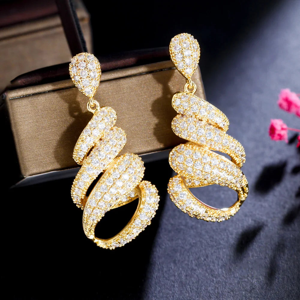 Geometric Endless Cubic Zircon Pave Long Dangly Women Party Wear Drop Earrings Chic Gold Color Wedding Jewelry