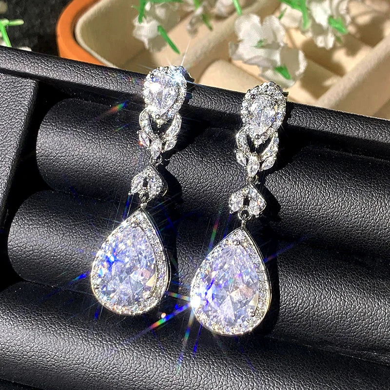 Gorgeous Drop-shaped Zirconia Pendant Earrings Bridal Wedding Accessories Luxury Graceful Female Engagement Party Jewelry - EUFASHIONBAGS