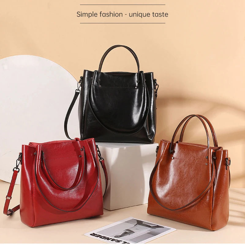 Genuine Leather Women Tote Bag Large High Quality Cowhide Women's Shoulder Bags Wrinkled Opening Fashion Handbag