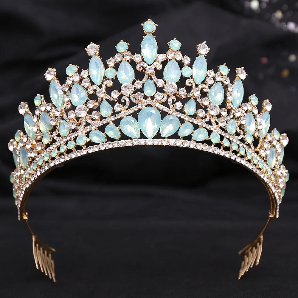 Baroque Blue Green Opal Wedding Crown With Comb Crystal Royal Queen Bridal Tiaras Big Rhinestone Pageant Diadem Head Accessories - EUFASHIONBAGS