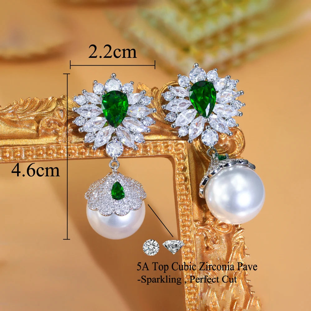 Top 5A Cubic Zirconia Green Water Drop Long Big Dangle Pearl Earrings for Women Luxury Wedding Bridal Jewelry - EUFASHIONBAGS