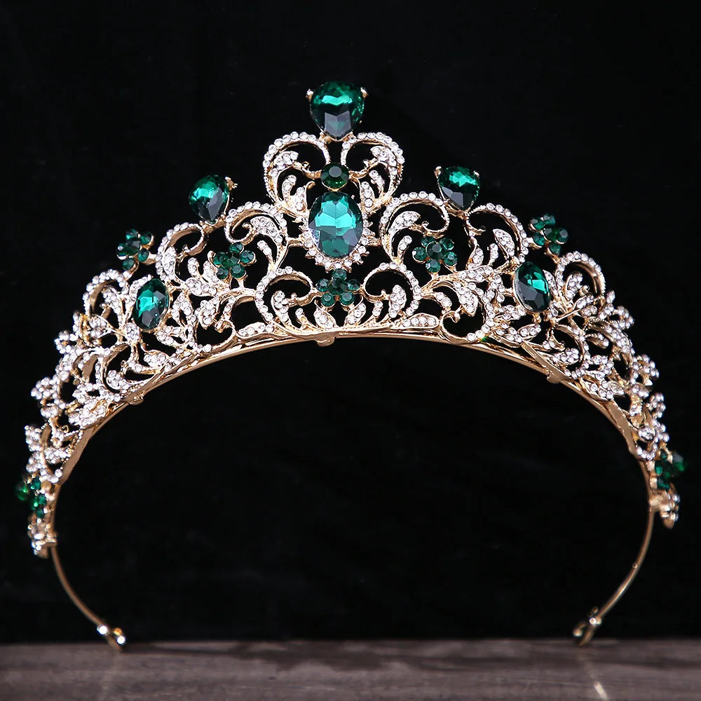 Luxury Green Color Crystal Wedding Crown Bridal Hair Accessories Women Baroque Crown Rhinestones Tiaras Bride Queen Party Crowns - EUFASHIONBAGS