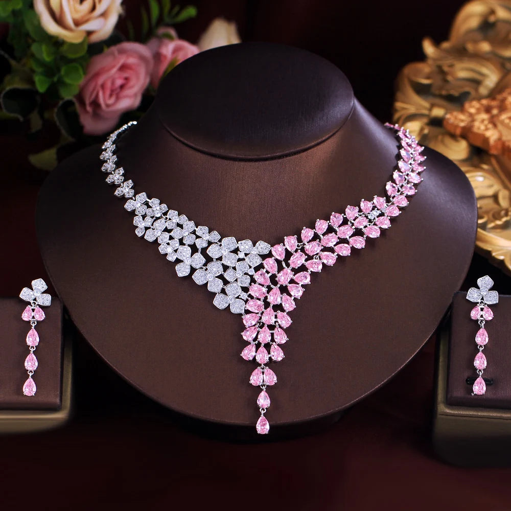 Flower Leaf and Pink Water Drop Cubic Zirconia Luxury Big Necklace Bridal Jewelry Sets for Wedding - EUFASHIONBAGS