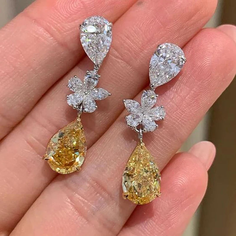 Aesthetic Bride Wedding Earrings with Pear Yellow Cubic Zirconia Flower Design Earrings for Women Luxury Trendy Jewelry - EUFASHIONBAGS