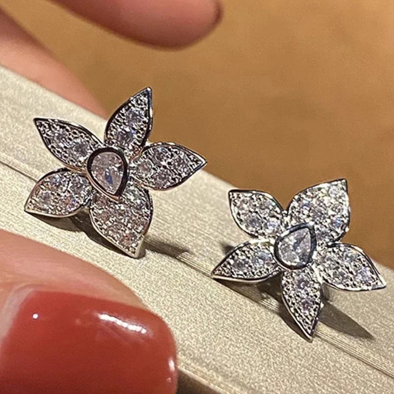 Flower Design Stud Earrings Elegant Temperament Shiny Cubic Zirconia Accessories for Lady Melting Party Jewelry - EUFASHIONBAGS