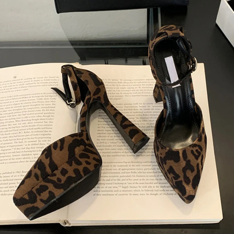 High Heels For Ladies Sandals Leopard Print Platform Pumps Women Sexy Thick Pointed Toe Party Club Stripper Shoes - EUFASHIONBAGS