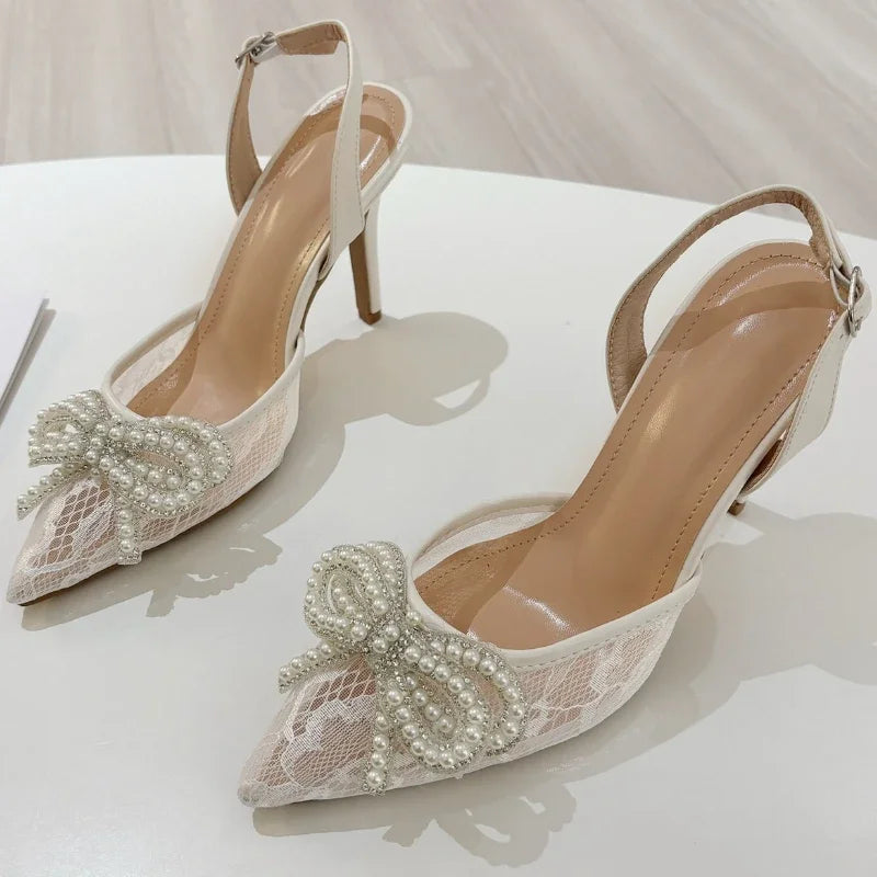 Lace String Bead Thin High Heels Women Pointed Toe Bowknot Party Dress Shoes Hollow Breathable Mesh Slingbacks Sandals Women