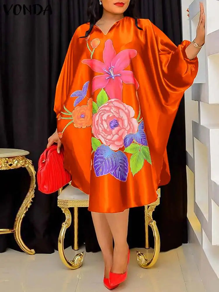 Plus Size 5XL Women Bohemian Sundress 2024 Autumn Floral Printed Elegant Midi Dress 3/4 Bat Sleeve Casual Loose Retro Robe - EUFASHIONBAGS