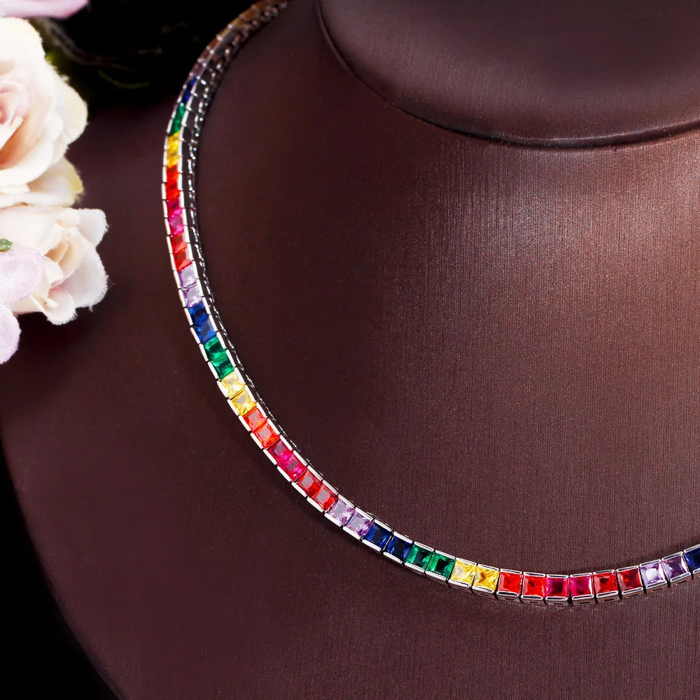 Square Multicolor Rainbow Cubic Zirconia Boho Jewelry Women Tennis Choker Necklace with Safety Clasp - EUFASHIONBAGS