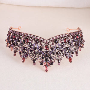 Baroque Antique Bronze Purple Crystal Beads Tiaras Crown Headwear For Women Wedding Party Princess Bridal Queen Hair Accessories