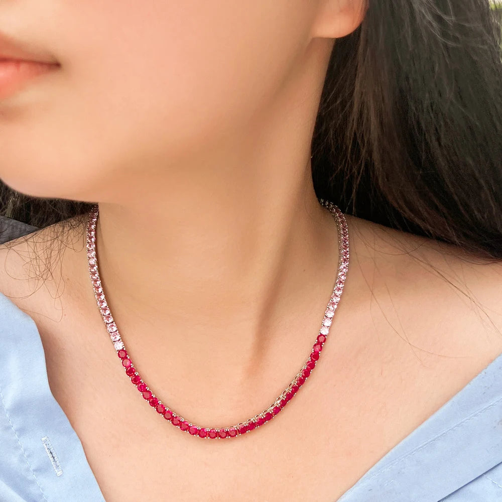 Chic Bling Pink Red Cubic Zirconia Round Chain Link Tennis Choker CZ Necklace for Women New Trendy Jewelry Gift - EUFASHIONBAGS