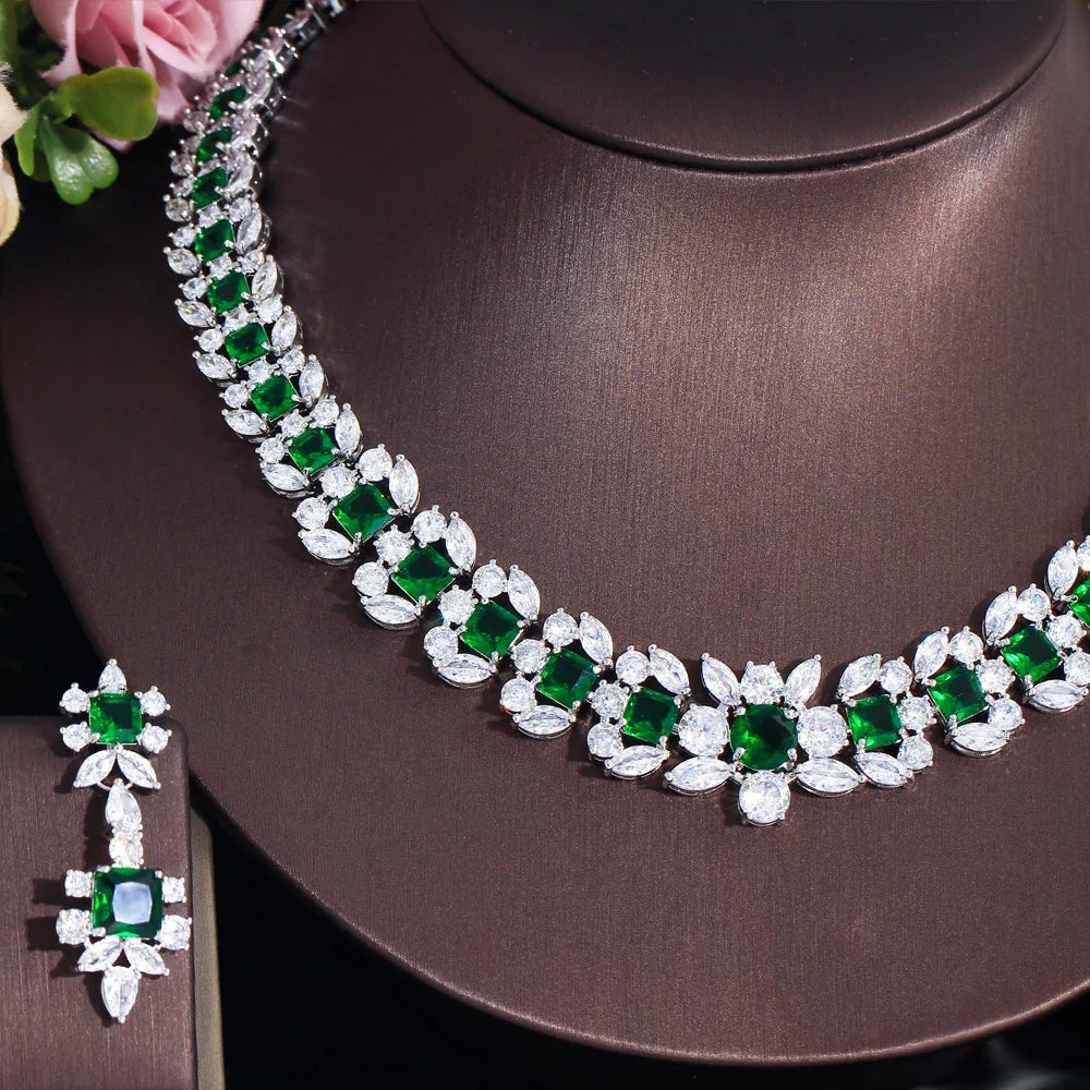 Luxurious Green Cubic Zirconia Big Women Wedding Event Costume Necklace Earrings Jewelry Sets for Brides - EUFASHIONBAGS