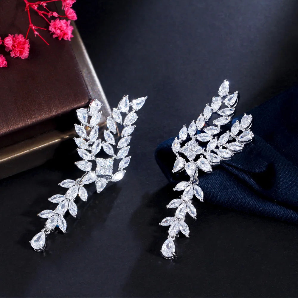 Chic Leaf Wing Delicate Cubic Zircon White Gold Plated Big Long Dangle Party Engagement Earrings for Women Gift - EUFASHIONBAGS