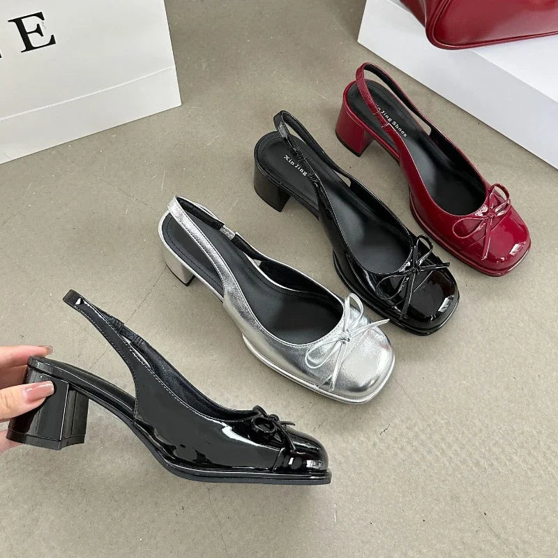 Lacquer Leather Mary Jane Shoes Women Butterfly-knot Sweet Chunky Dress Shoes Fashion High Heeled Sandals Women Zapatos De Mujer