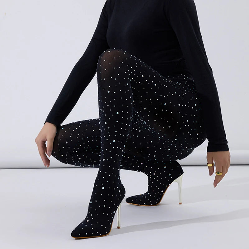 Fashion Rhinestone Stretch Fabric Pants Jumpsuit Boots Women Sexy Pointed Toe Over The Knee Heels Stripper Pole Dance Shoe