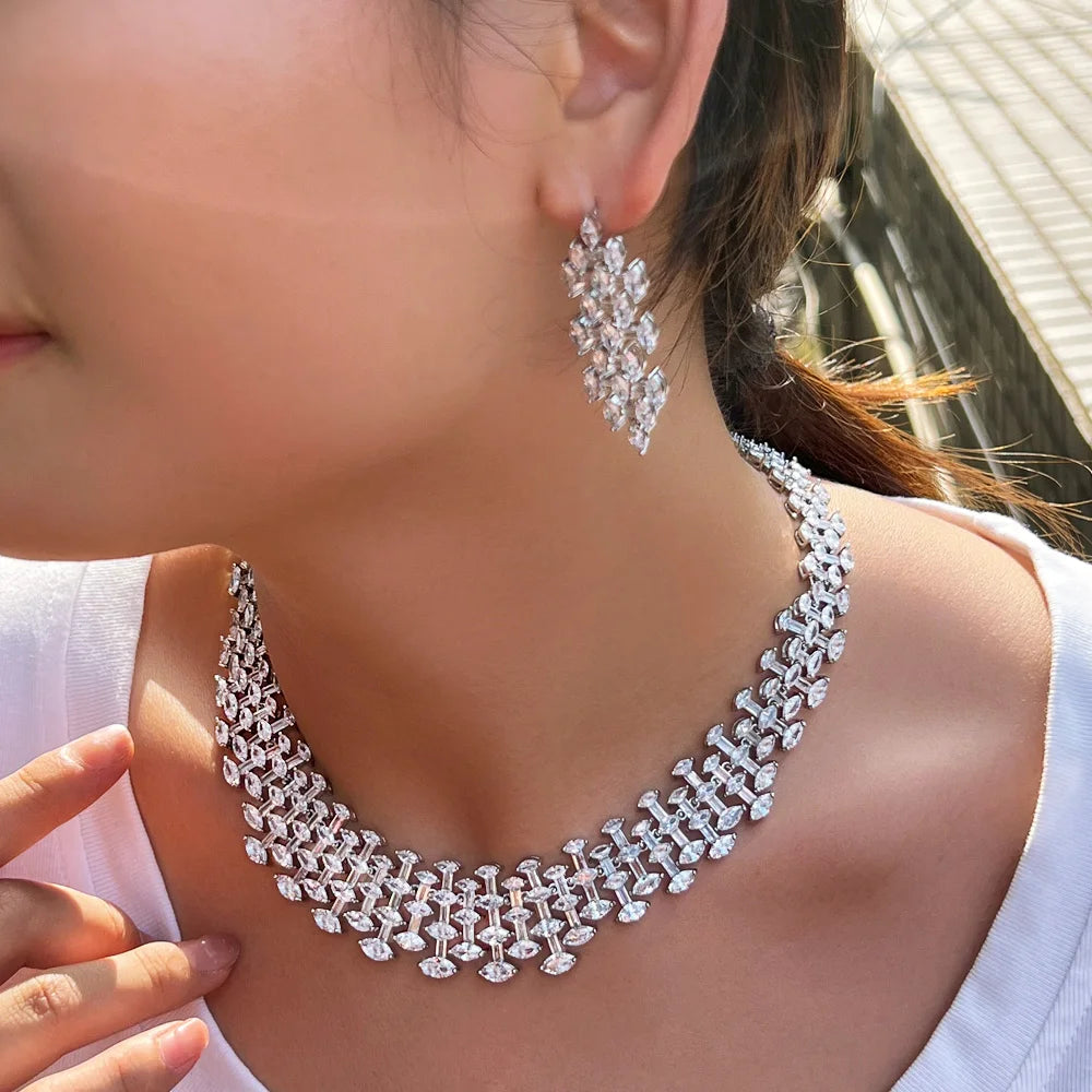 Super Shiny White Cubic Zirconia Big Chunky Party Wedding Necklace Bridal Jewelry Sets Costume Accessories - EUFASHIONBAGS