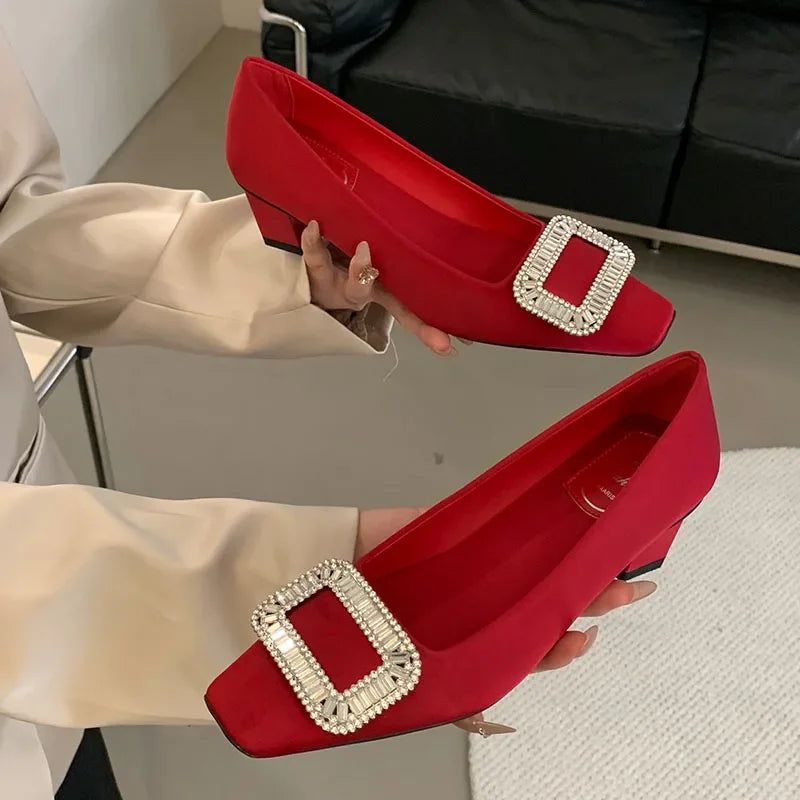 Fashion Chunky Mary Jane Shoes Women Rhinestone Square Button Shallow Elegant High Heel Dress Shoes Comfy Square Toe Pumps Women