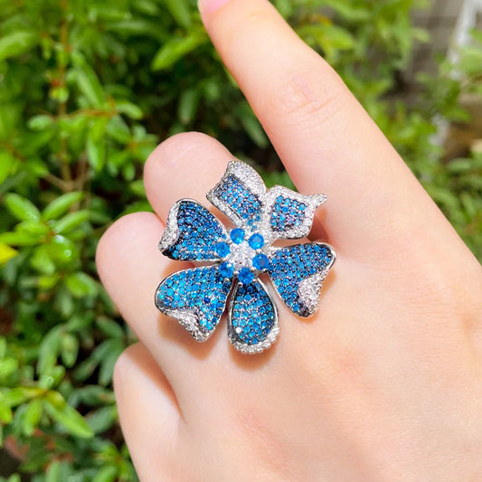 Two Tones Silver Plated Light Blue Cubic Zirconia Big Chunky 3D Geometric Flower Adjustable Party Ring for Women