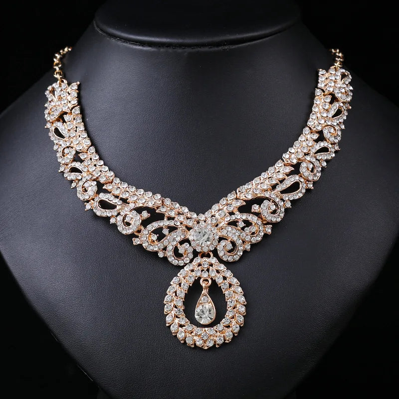 Luxury Gold Color Geometric Crystal Earrings Choker Necklace Wedding Jewelry Sets Elegant Bride Party Costume Dress Accessories - EUFASHIONBAGS