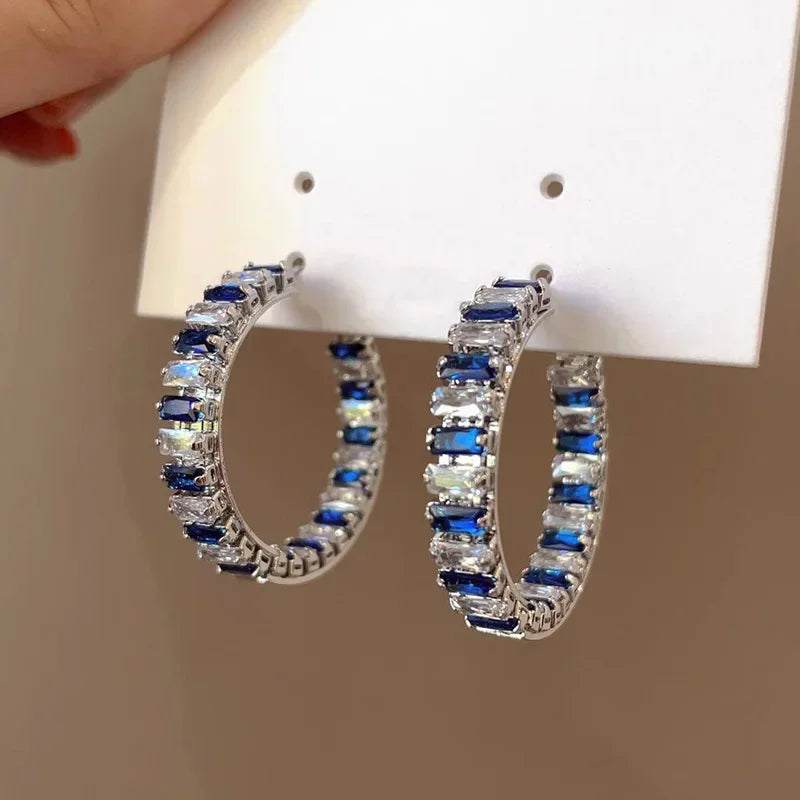 Blue/White CZ Hoop Earrings Full Bling Iced Out Engagement Wedding Party Luxury Trendy Jewelry for Women New - EUFASHIONBAGS