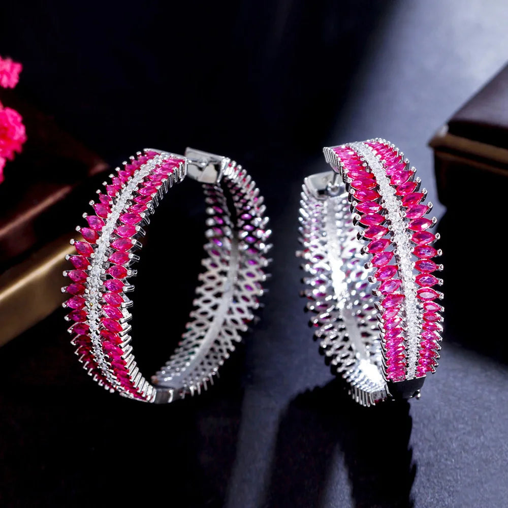 Genuine Cubic Zirconia Pave Fuchsia Red CZ Big Chunky Round Two Sided Hoop Earrings for Women Luxury Jewelry - EUFASHIONBAGS