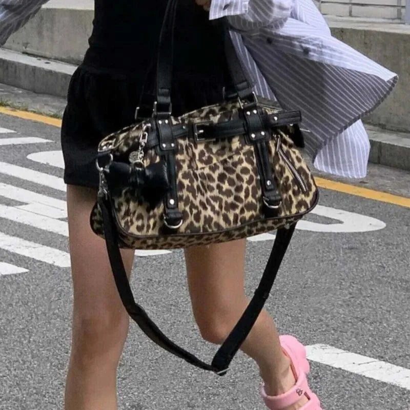 Leopard Print Y2k Shoulder Bags Women Hot Girls Nylon Cute Handbag Vintage Tote Underarm Bag Aesthetic