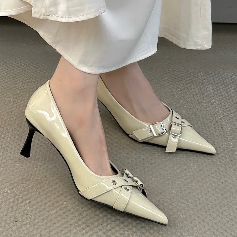 Belt Buckle Design High Heels Women Brand Women Shoes Shallow Classics Elegant Dress Shoes Fashion Pointed Toe Pumps Women