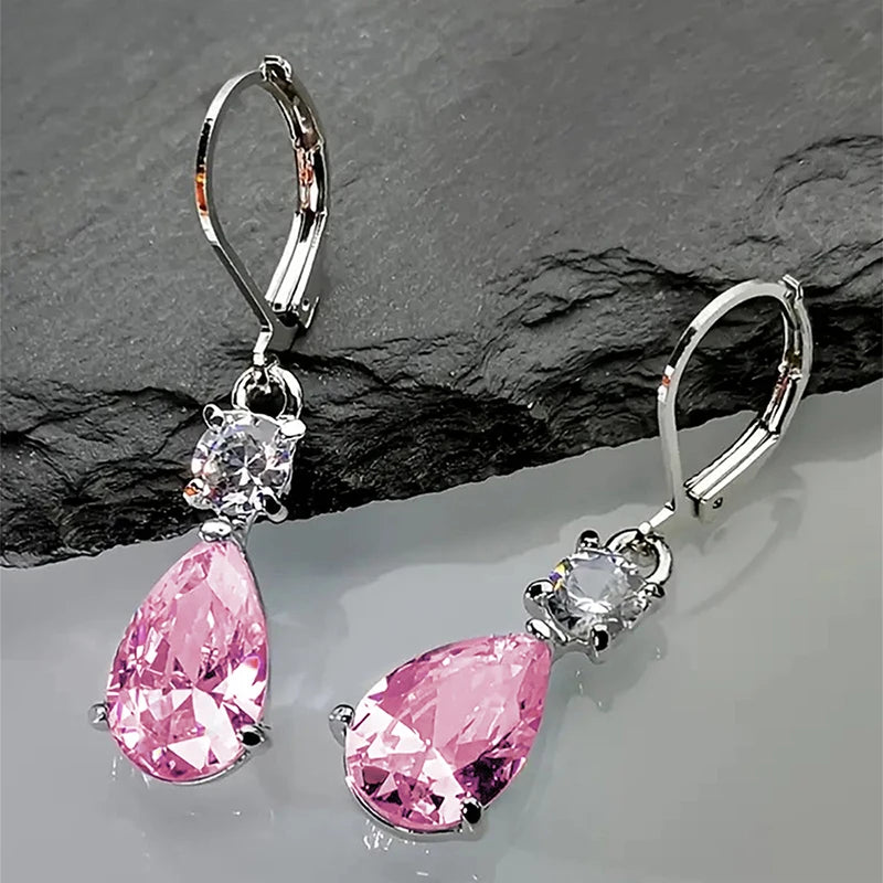 Waterdrop CZ Dangle Earrings for Women White/Pink/Red Gorgeous Female Earrings Wedding Party Trend Jewelry - EUFASHIONBAGS