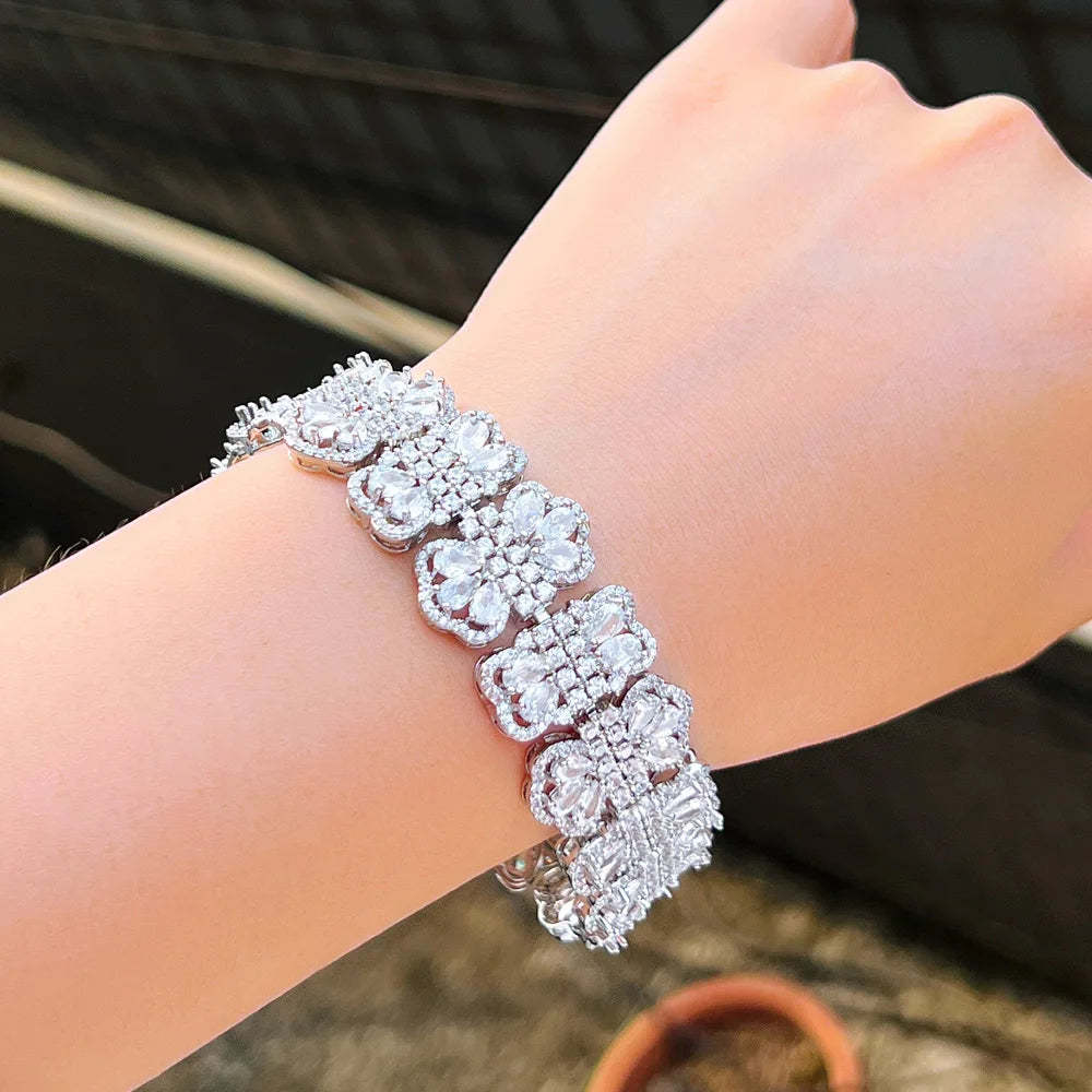 Super Luxury Flower Cluster Round Big White CZ Bracelets for Women Wedding Engagement Party Jewelry Accessories - EUFASHIONBAGS