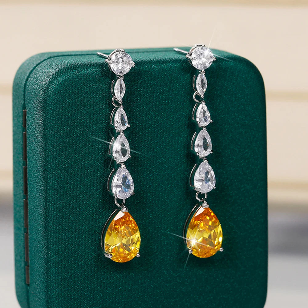 Bright Pear Yellow Cubic Zirconia Long Hanging Earrings Romantic Bride Wedding Accessory Luxury Fashion Jewelry for Women - EUFASHIONBAGS