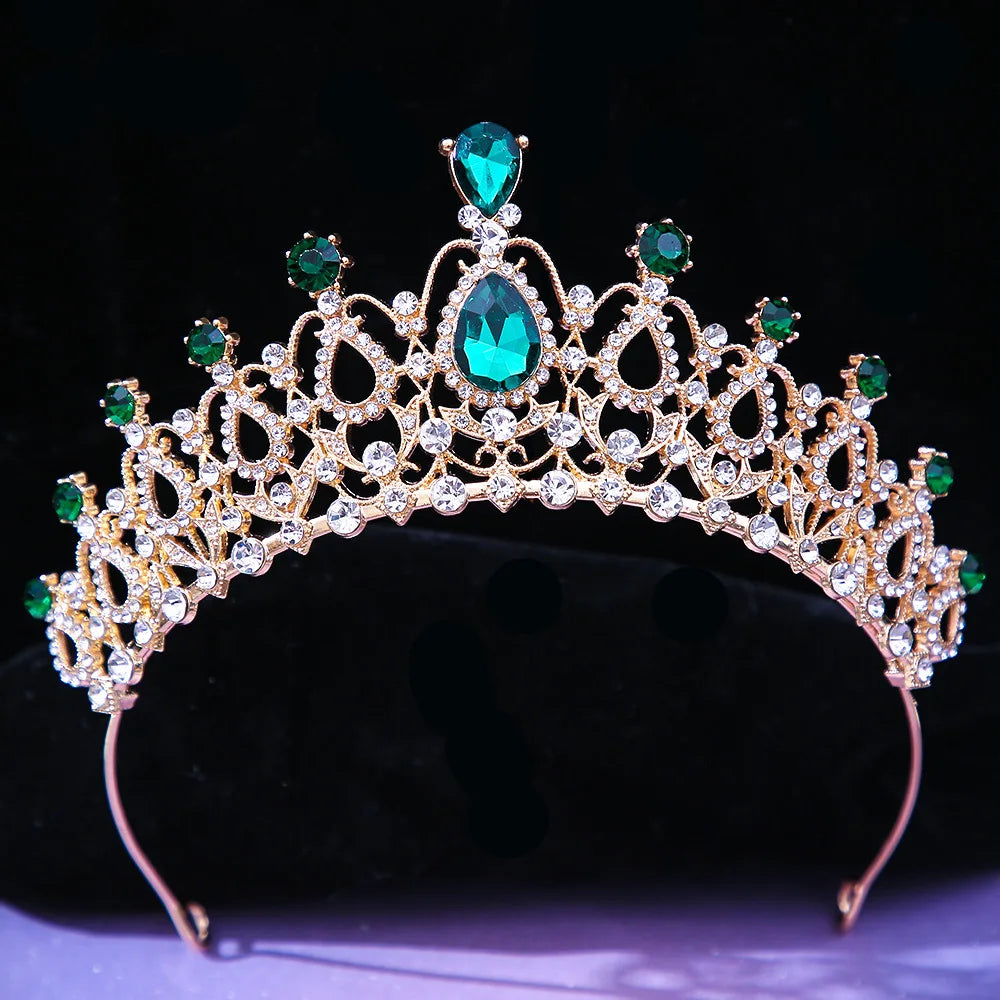 Luxury Green Color Crystal Wedding Crown Bridal Hair Accessories Women Baroque Crown Rhinestones Tiaras Bride Queen Party Crowns - EUFASHIONBAGS