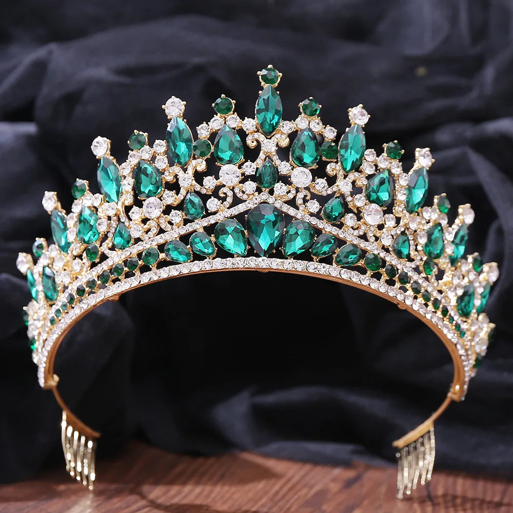 Baroque Blue Green Opal Wedding Crown With Comb Crystal Royal Queen Bridal Tiaras Big Rhinestone Pageant Diadem Head Accessories - EUFASHIONBAGS