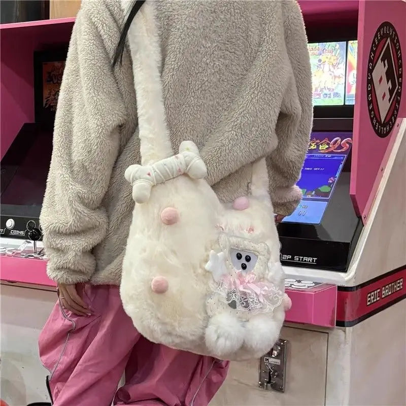 Sweet Cute White Y2k Messenger Bag Women Harajuku Aesthetic Bear Plush Shoulder Bags