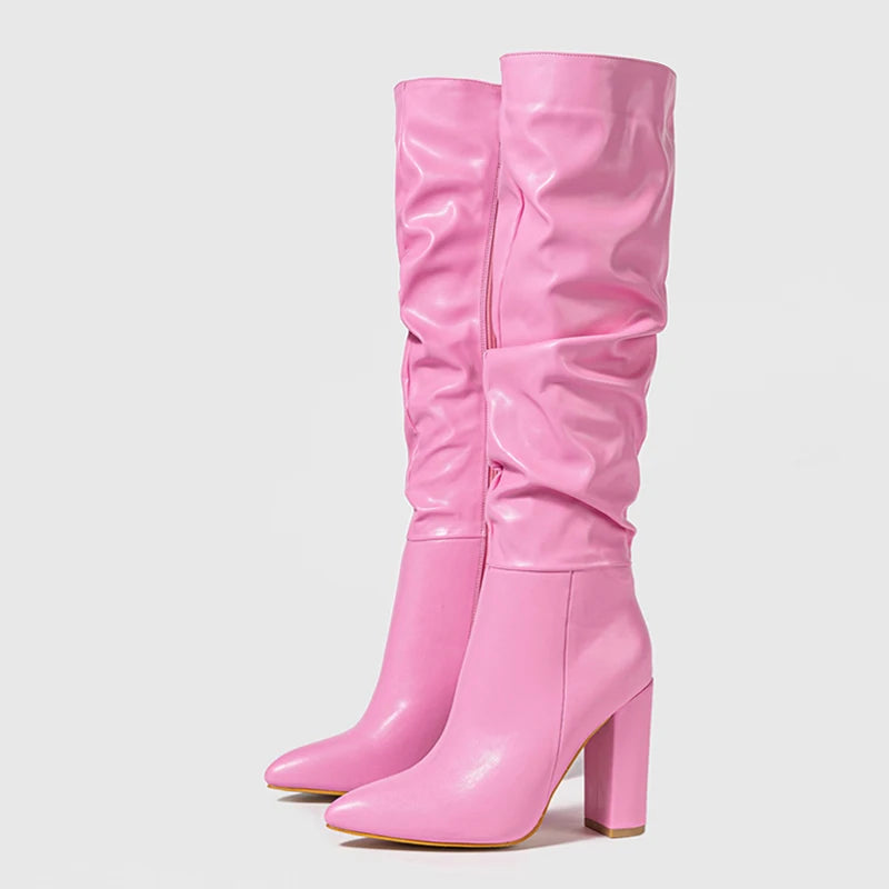 Winter Street Fashion Pleated Leather Pink Knee High Boots Women Sexy Long Zip Pointed Toe Square Heels Stripper Shoes