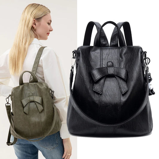 Fashion Women Backpack New Bow Decoration Girls Anti Theft Shoulder Bag PU Leather Waterproof Large Handbag