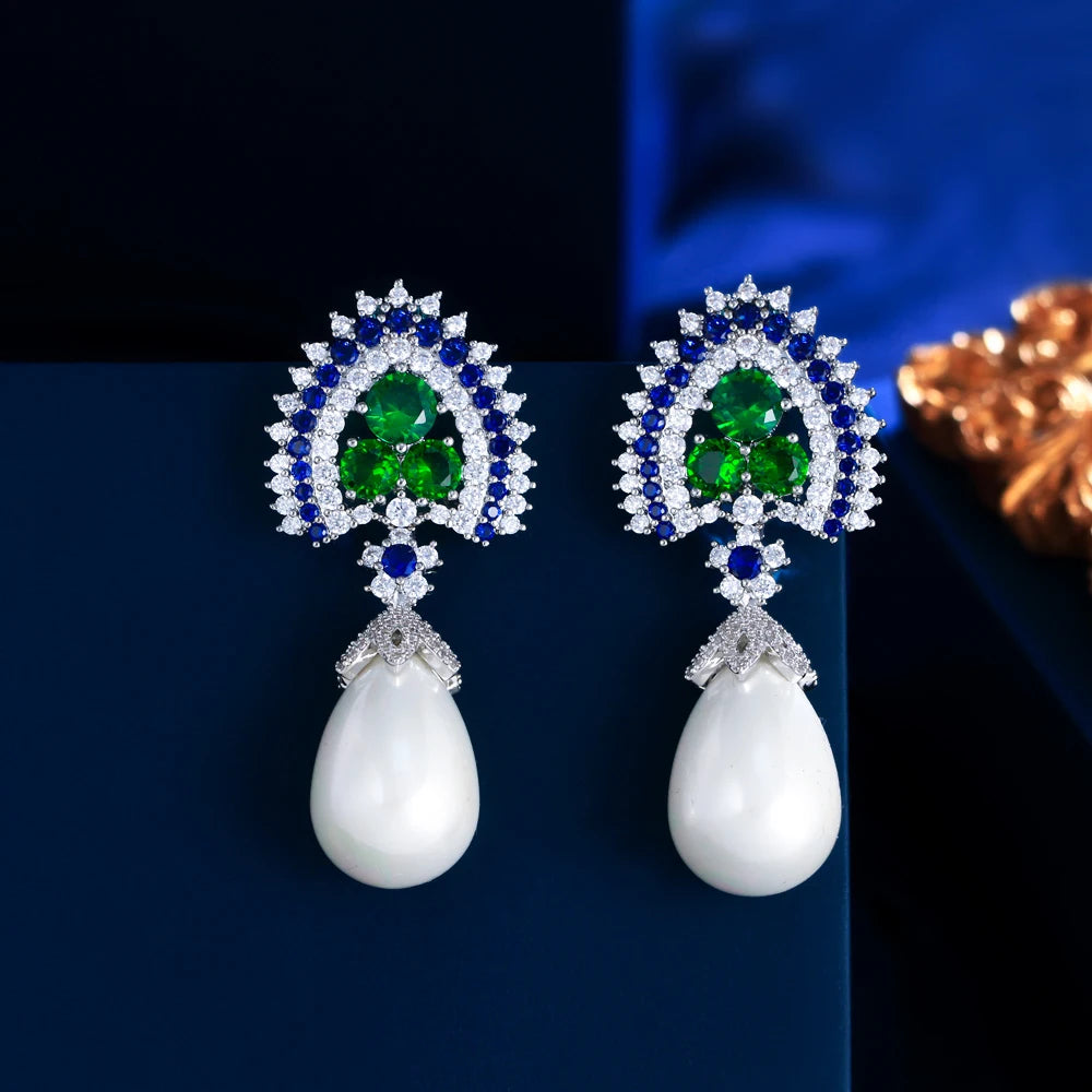 Blue and Green Cubic Zirconia Long Dangling Water Drop Pearl Earrings for Women Party Wedding Jewelry - EUFASHIONBAGS