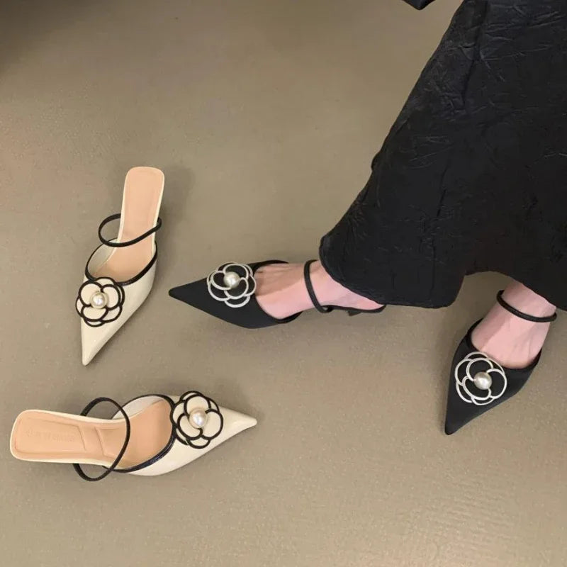 Flower Designer Brand Heeled Sandals Women Pointed Toe Pumps Female Elegant Dress Shoes Slides 2025 New Slippers Women Sandalias