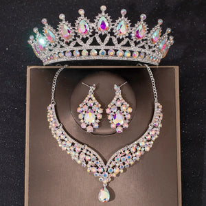 Baroque Green Crystal Bridal Jewelry Sets Party Rhinestone Tiaras Crown Necklace Earring Set For Women Bride Wedding Jewelry Set