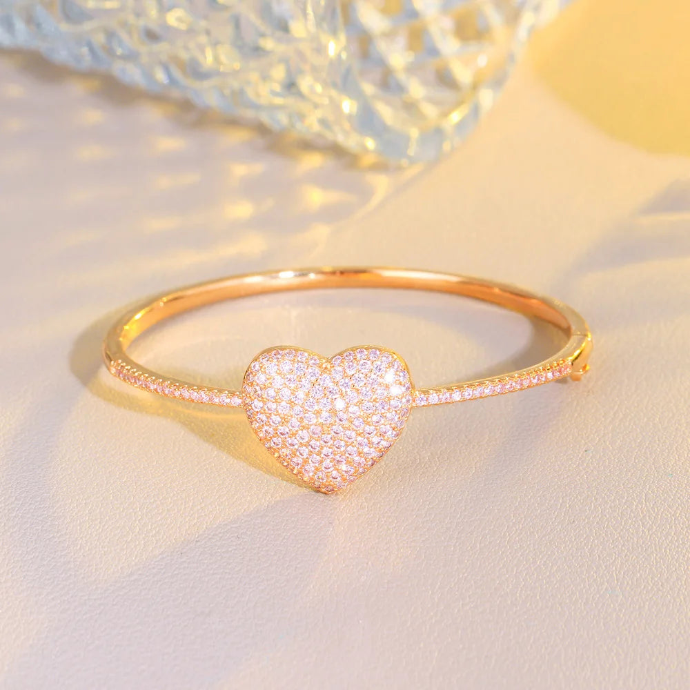 Bling Genuine 5A Cubic Zirconia Pave Popular Romantic Pink Love Heart Charm Women Bangles with Safety Clasp