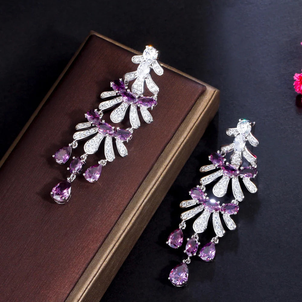 Royal Purple Cubic Zircon Stone Long Dangle Drop Women Engagement Wedding Party Chandelier Earrings for Brides - EUFASHIONBAGS