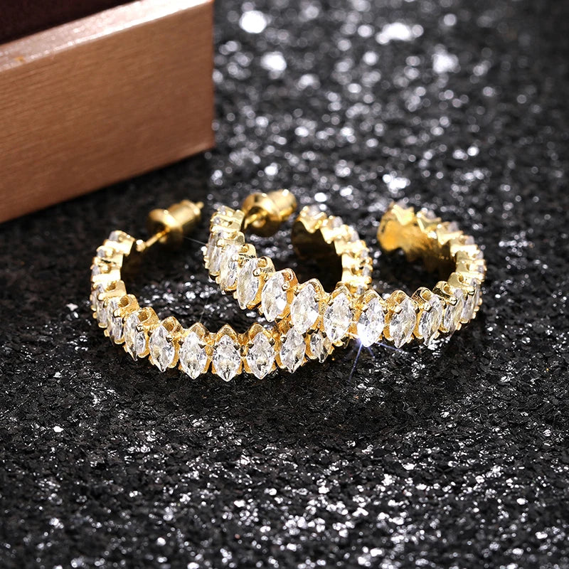 Full Marquise Cubic Zirconia Hoop Earrings for Women Modern Fashion Gold Color Big Circle Earrings Girls Trendy Jewelry - EUFASHIONBAGS