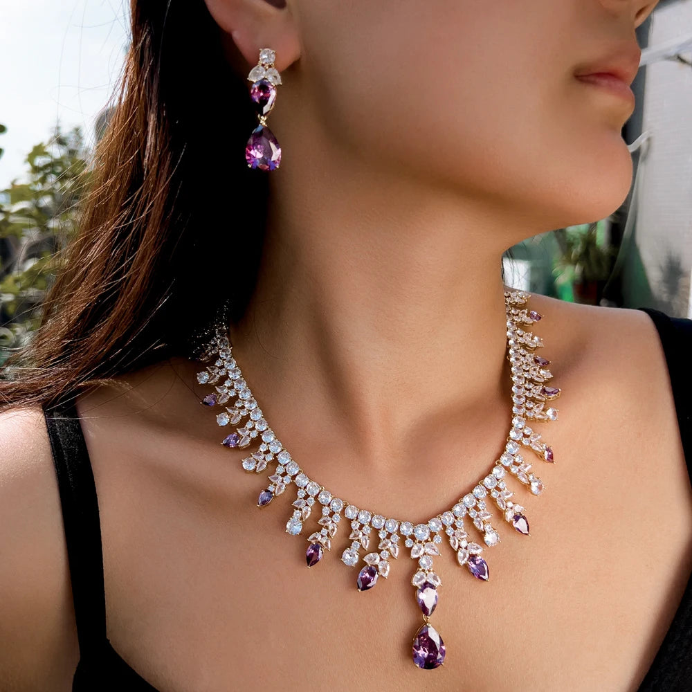 Luxury Gold Plated Purple Cubic Zirconia Big Chunky Water Drop Wedding Necklace Pageant Bridal Jewelry Sets - EUFASHIONBAGS