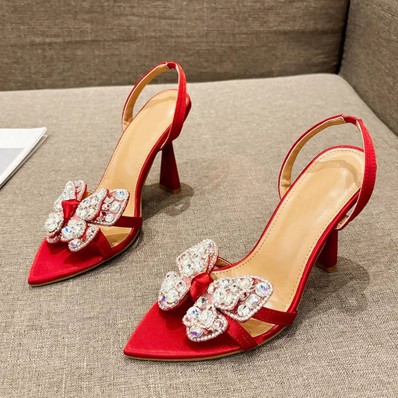 Size 35-41 Sexy Slingback Sandals Women Back Strap High Heels Summer Fashion Crystal Diamond Pointed Toe Wedding Prom Shoe