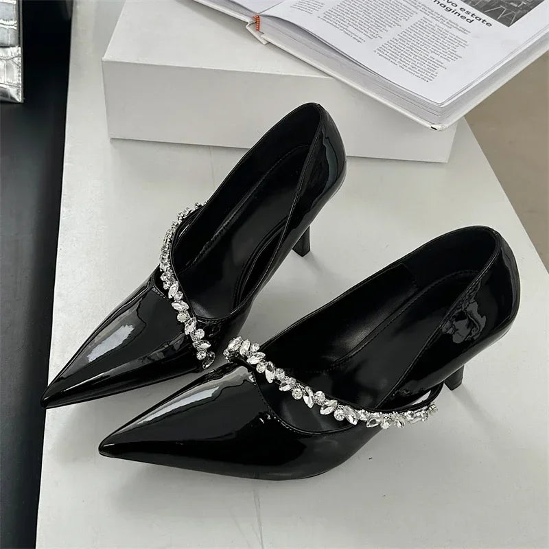 Rhinestone Chain Sexy Thin High Heels Women Pointed Toe Pumps Office Shoes Female Fashion Elegant Dress Shoes Zapatos De Mujer