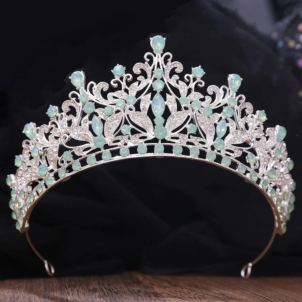 Luxury Forest Green Opal Diadem Rhinestone Crystal Tiara Bride Headdress Princess Wedding Crown Pageant Hair Jewelry Accessories - EUFASHIONBAGS