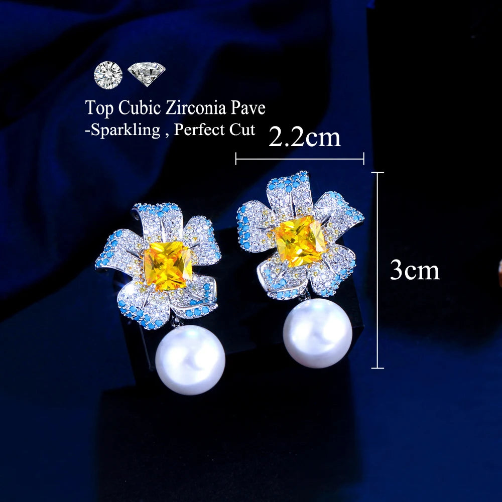 Blue Turquoise and Cubic Zirconia Geometric Flower Long Dangle Drop Pearl Festival Party Wedding Earrings Women - EUFASHIONBAGS