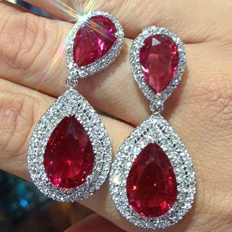 Red Cubic Zirconia Drop Earrings Women for Wedding Noble Female Anniversary Gift Fashion Luxury Party Jewelry - EUFASHIONBAGS